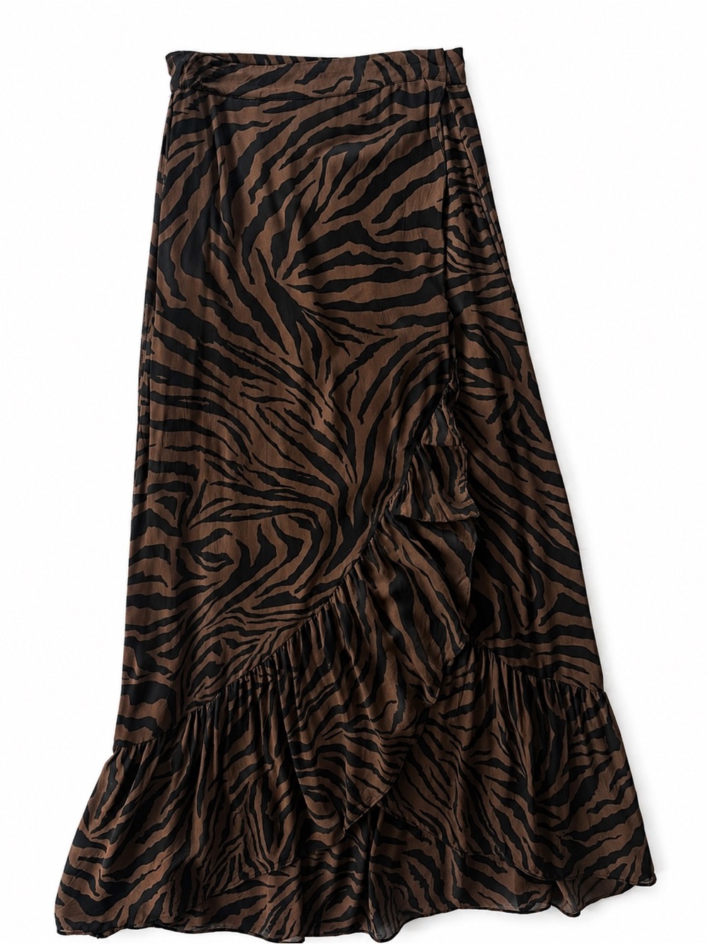 ba&sh Zebra Print Wrap Midi Skirt Brown Black Ruffle Hem Size 1